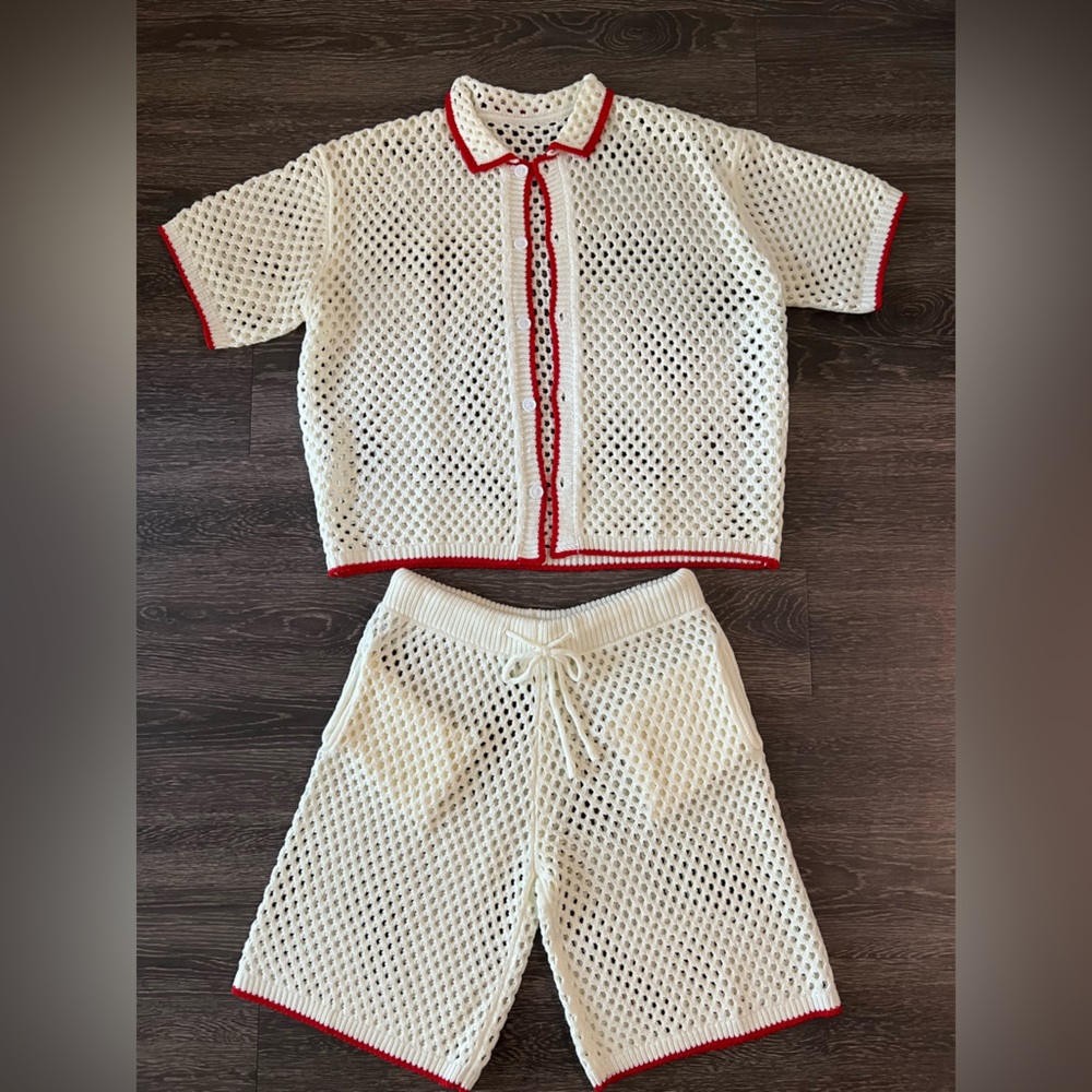 White Crochet Knit Set with Red Trim